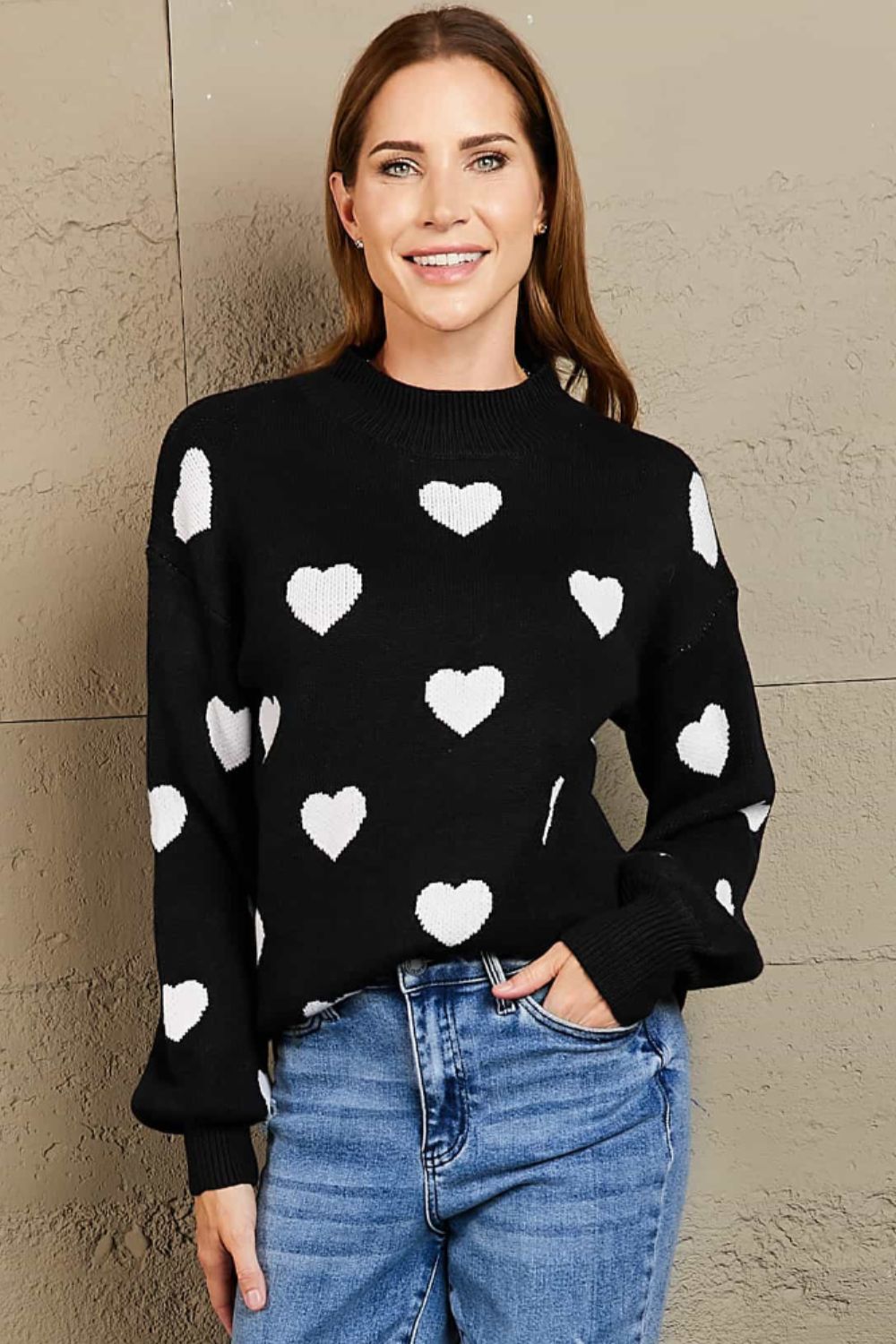 Woven Right Heart Pattern Lantern Sleeve Round Neck Tunic Sweater 