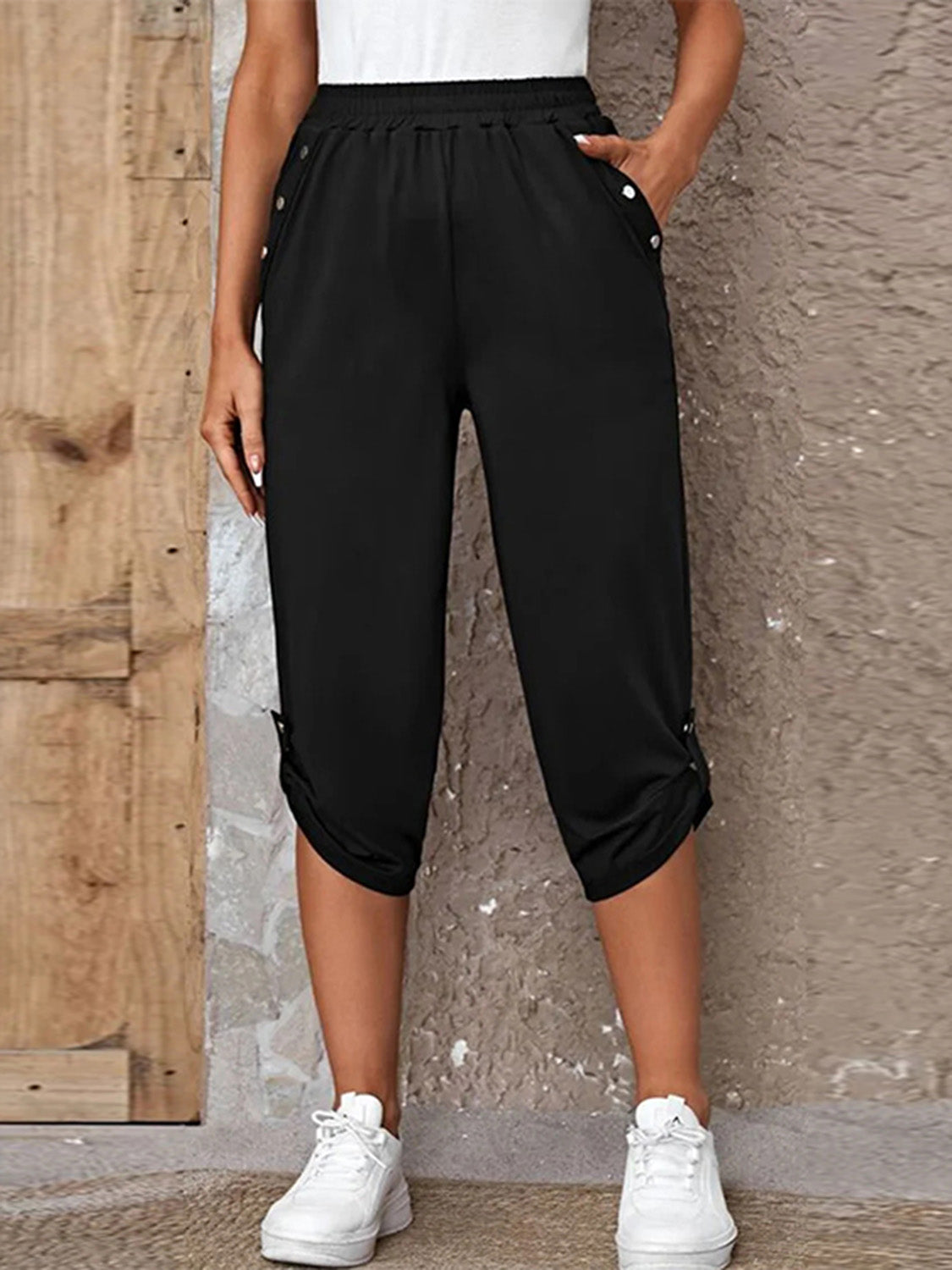 Full Size Roll-Tab Capris Pants - Babbazon