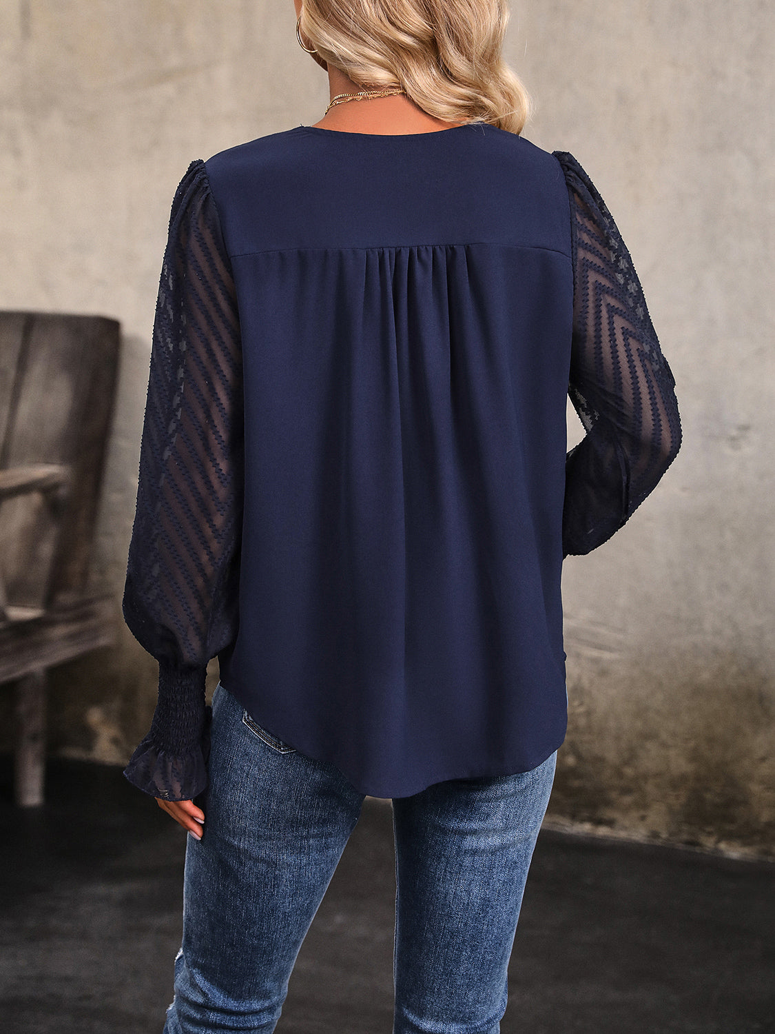 V-Neck Long Mesh Sleeve Top 