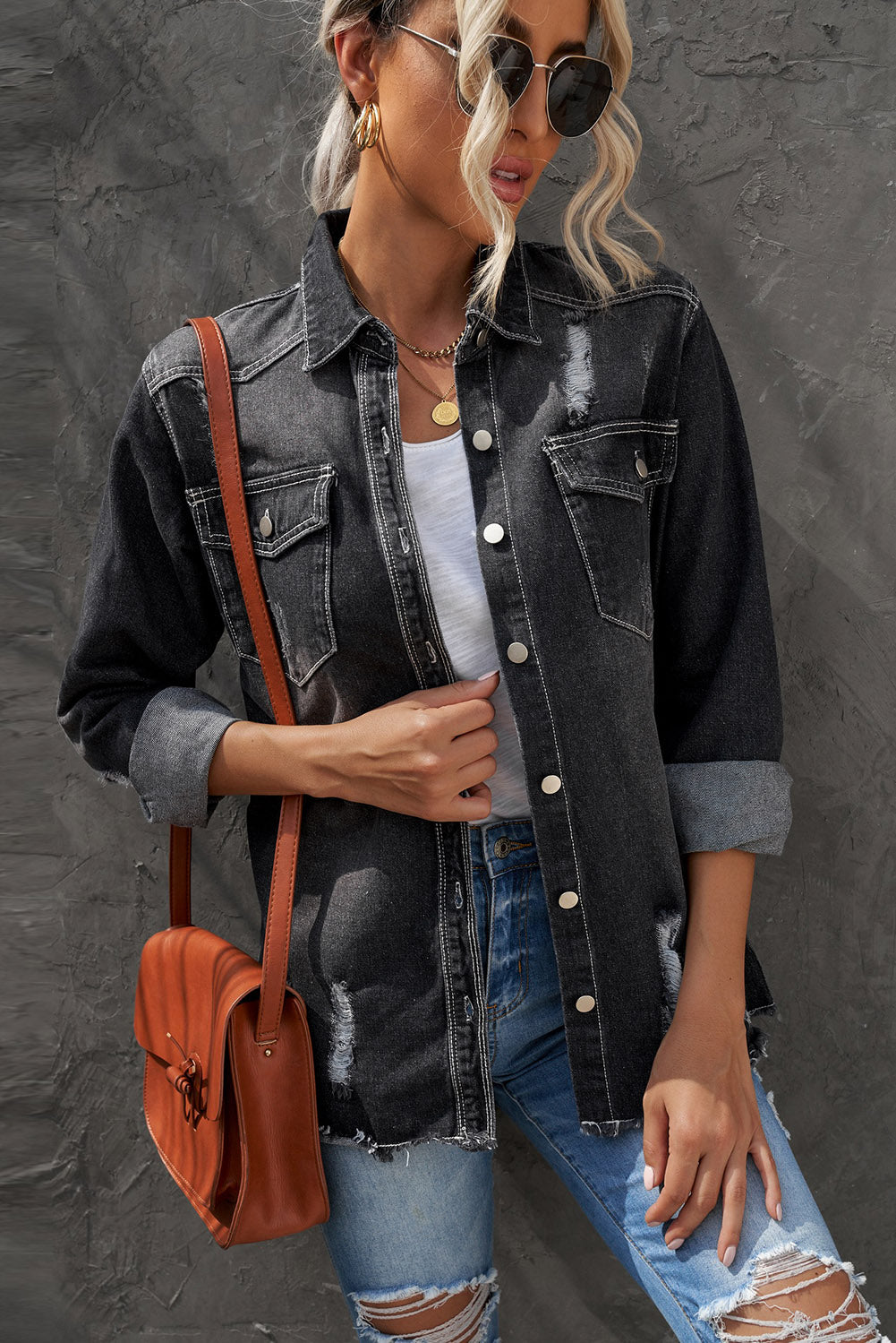 Distressed Button Up Raw Hem Denim Jacket 