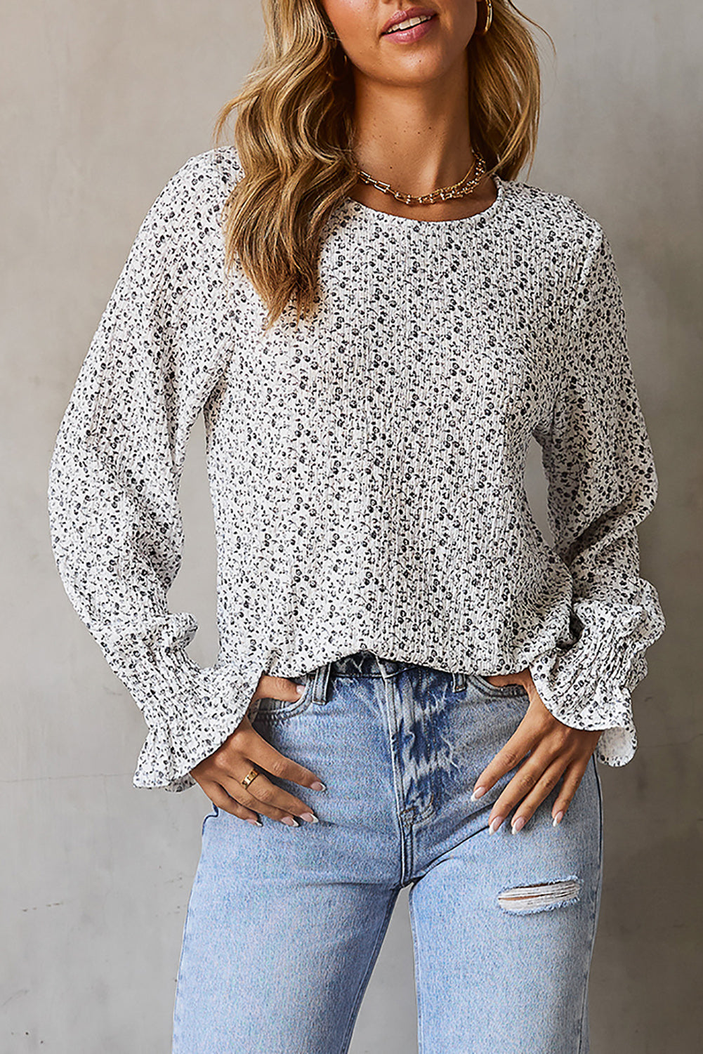 Floral Round Neck Flounce Sleeve Blouse 