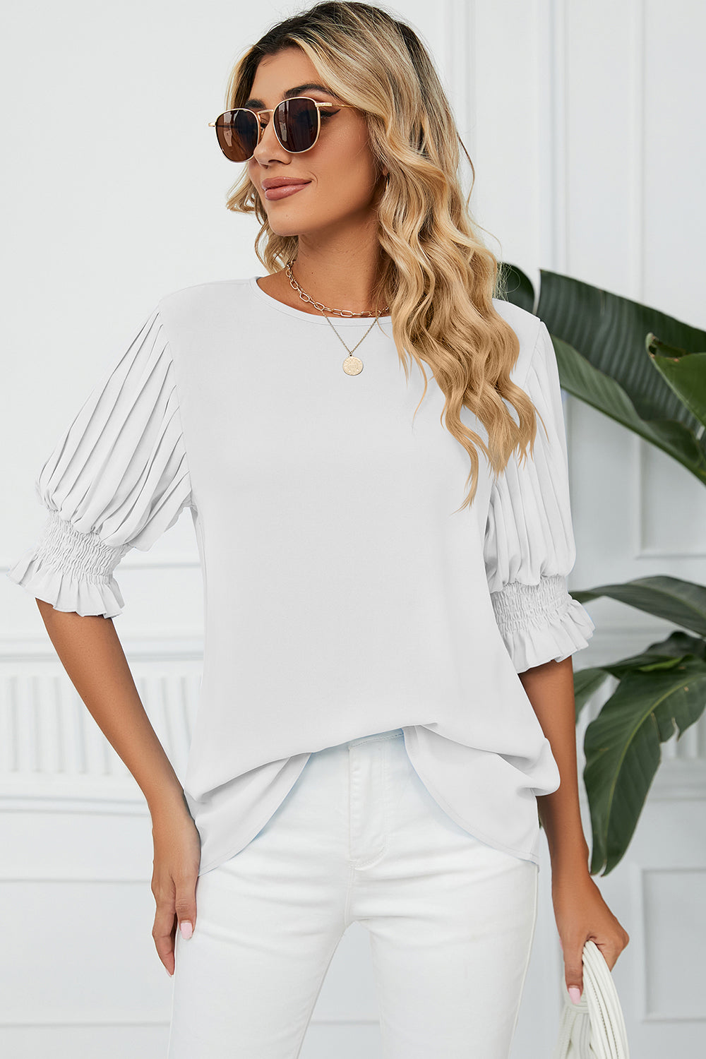 Frill Round Neck Lantern Sleeve T-Shirt 