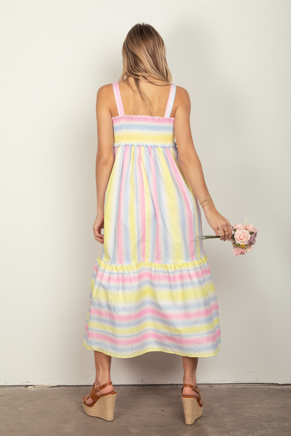 VERY J Striped Woven Smocked Midi Cami Dress 