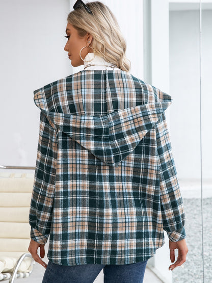 Plaid Snap Down Hooded Jacket 