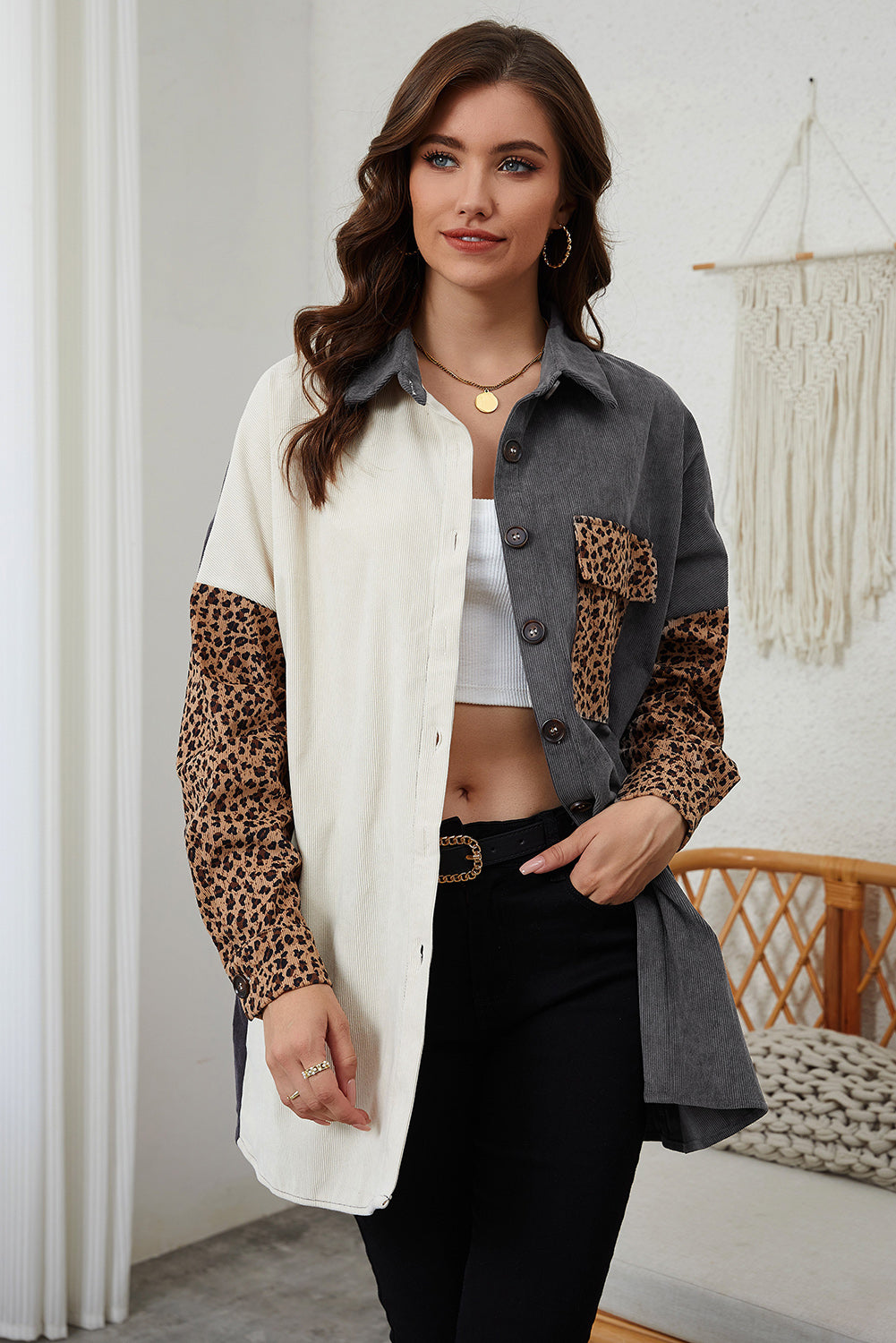 Leopard Contrast Button Up Jacket 