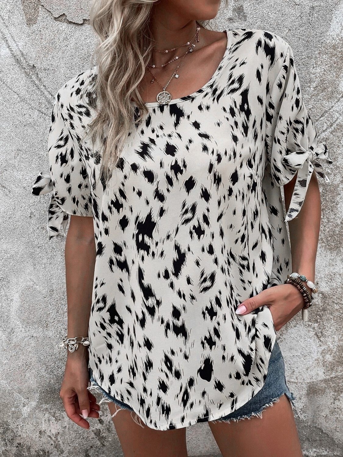 Tied Printed Boat Neck Blouse 