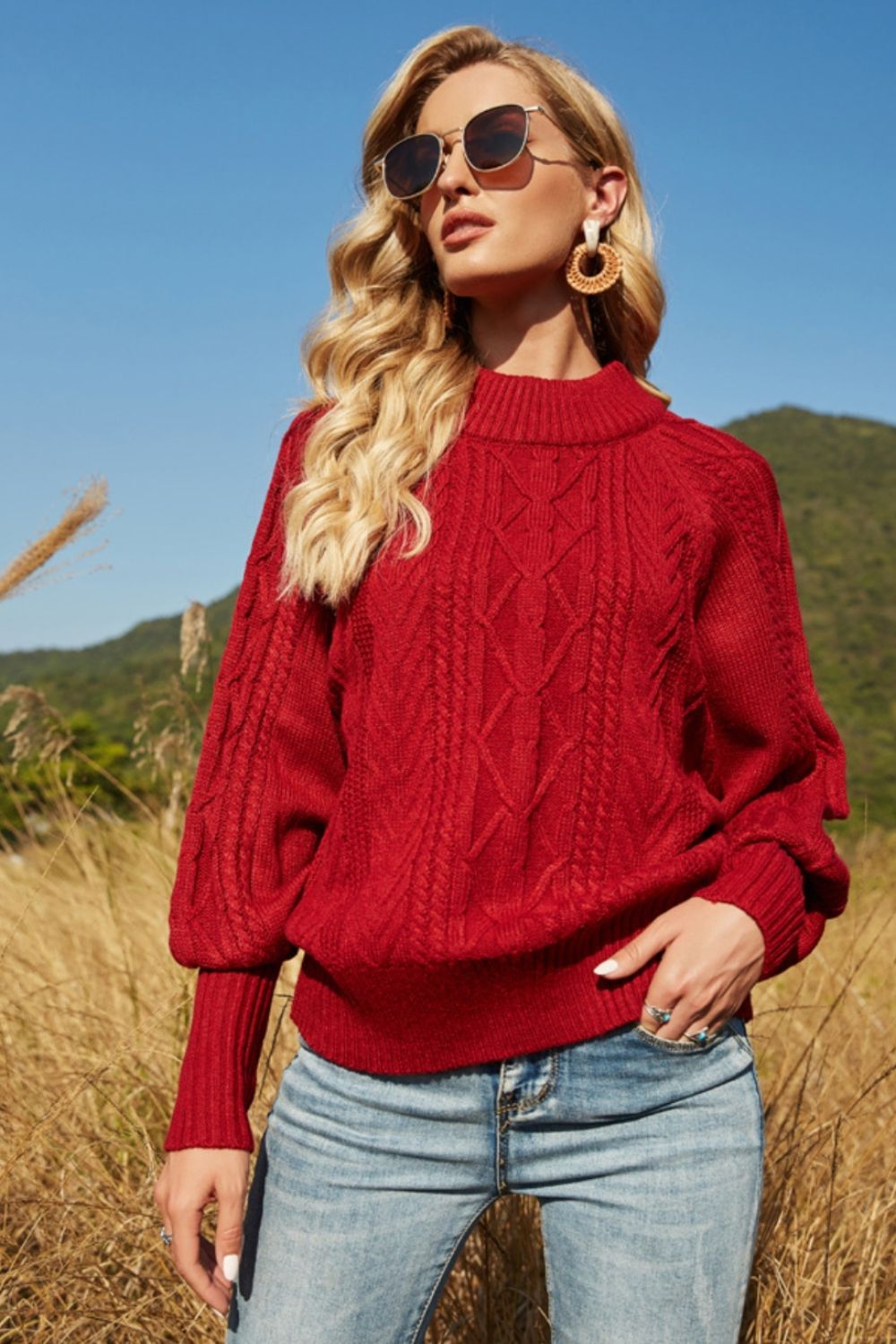 Ribbed Mock Neck Lantern Sleeve Sweater 