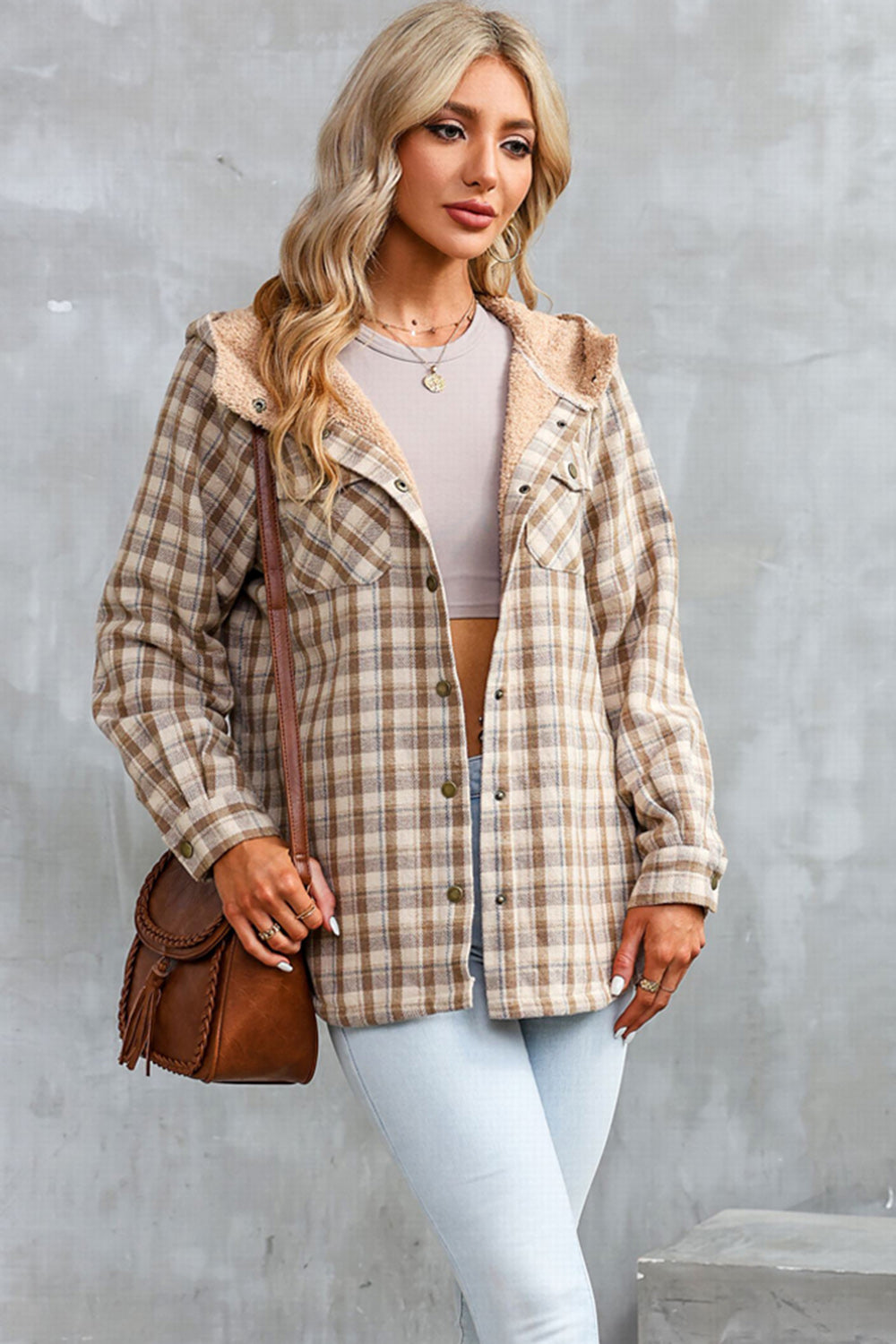 Plaid Snap Down Hooded Jacket - Babbazon Jacket