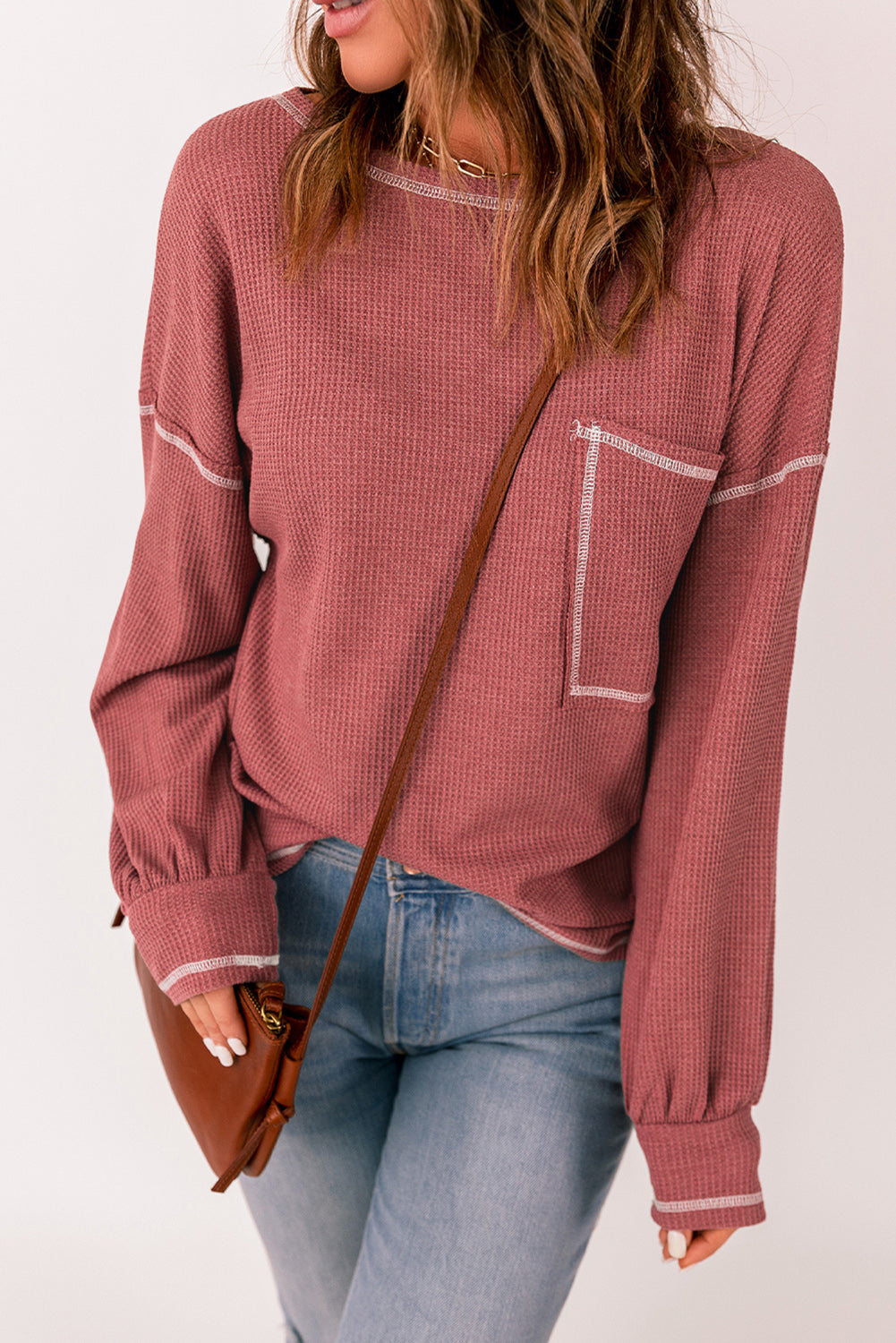 Contrast Stitching Waffle Knit Top 