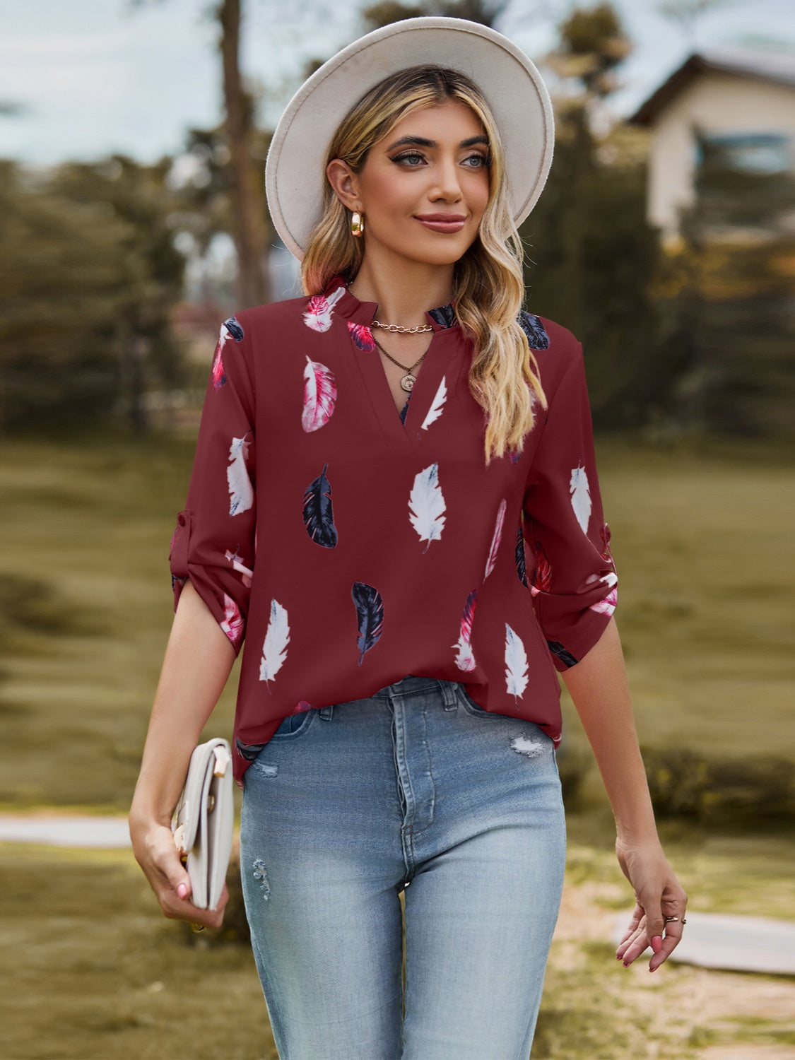 Printed Frill Notched Roll-Tab Sleeve Blouse