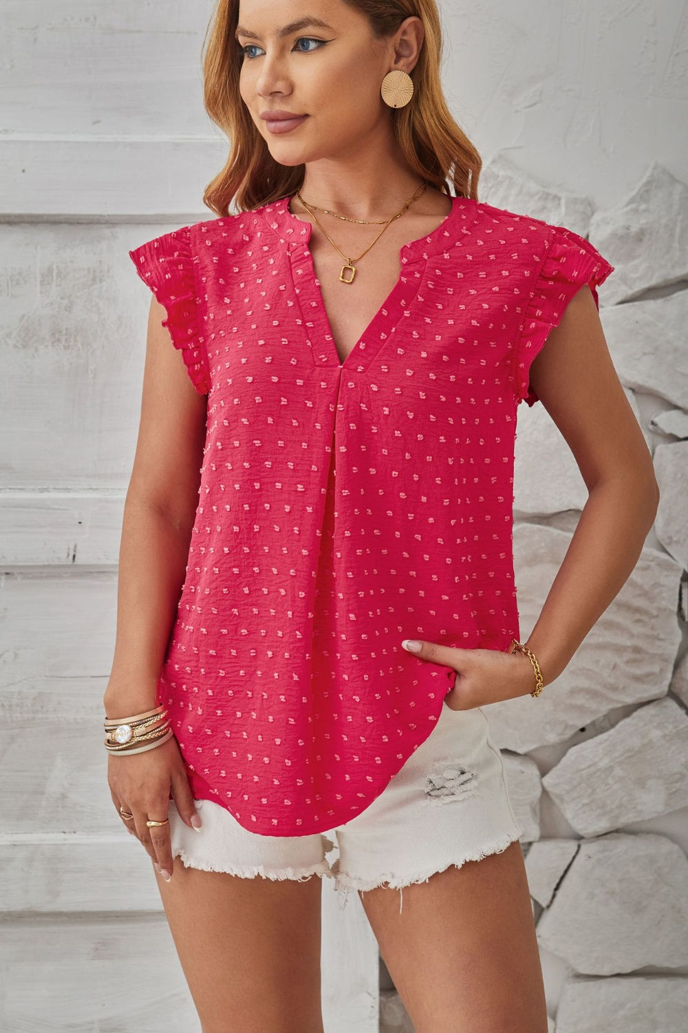 Swiss Dot Ruffled Cap Sleeve T-Shirt 