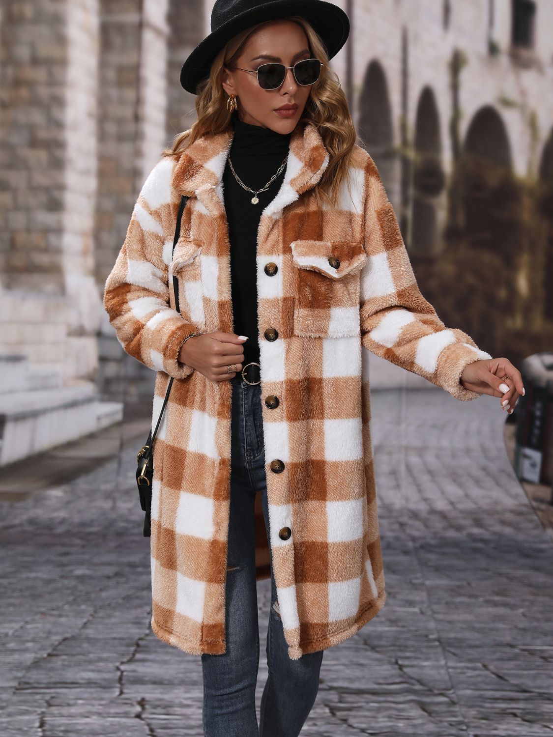 Plaid Collared Neck Button Down Coat 