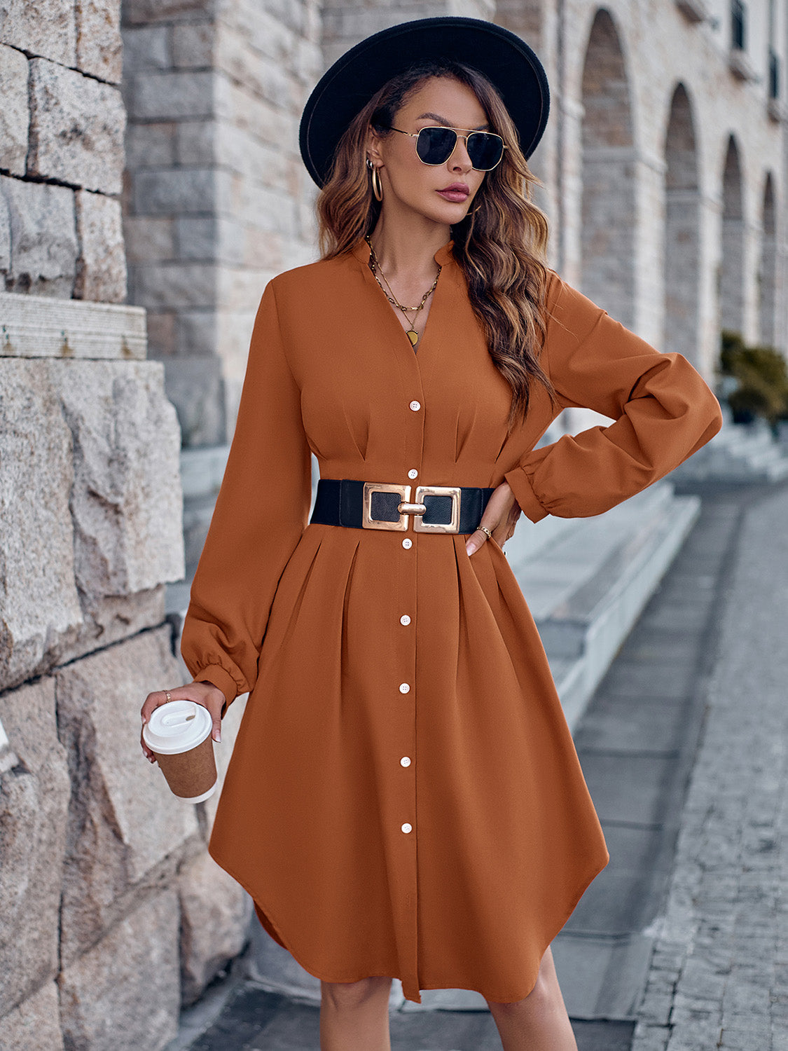 Notched Neck Long Sleeve Dress 