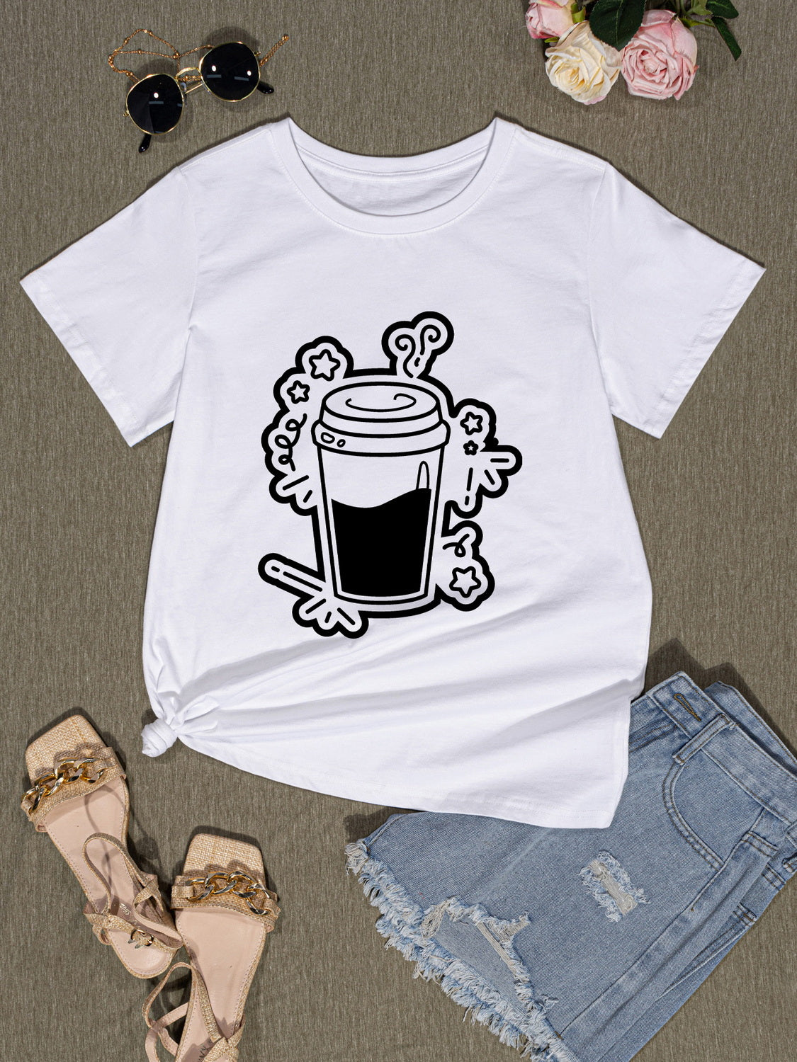 Coffee Round Neck Short Sleeve T-Shirt 