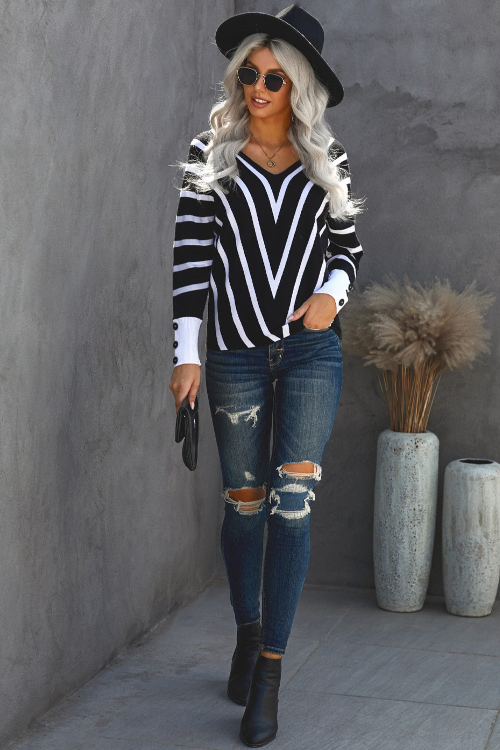 Chevron V-Neck Button Cuff Sweater 