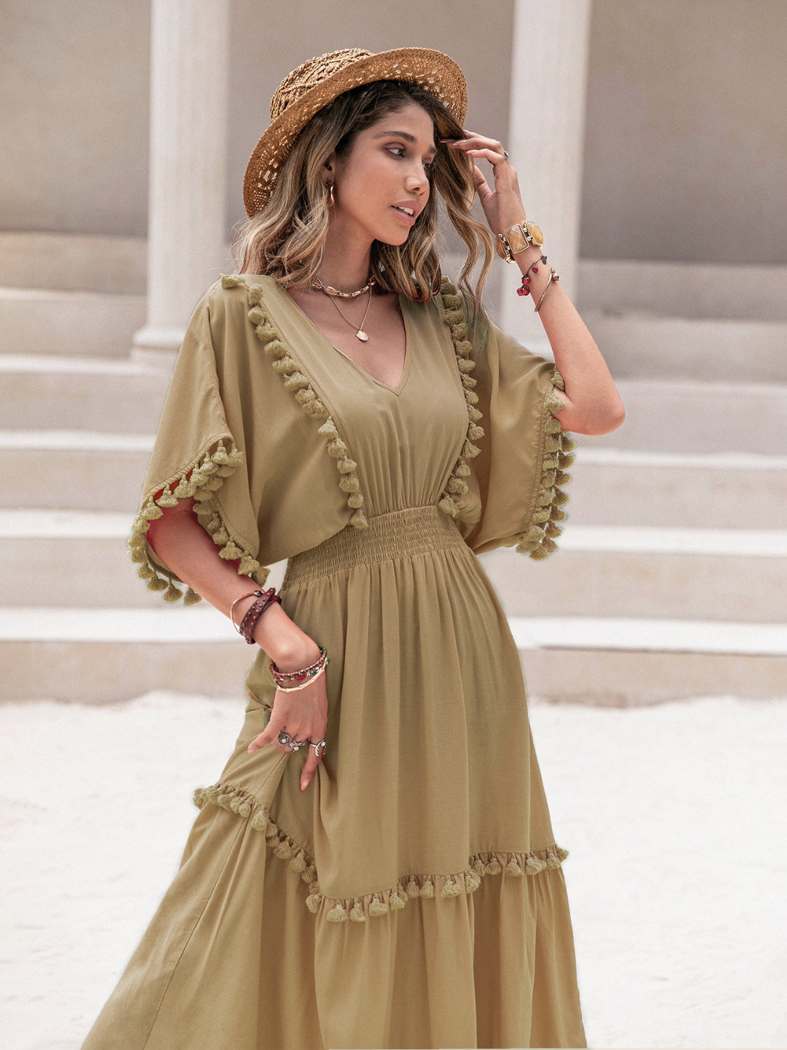 Tassel Trim Smocked V-Neck Short Sleeve Dress 