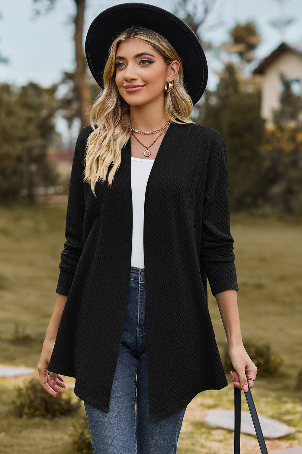 Textured Open Front Long Sleeve Cardigan 