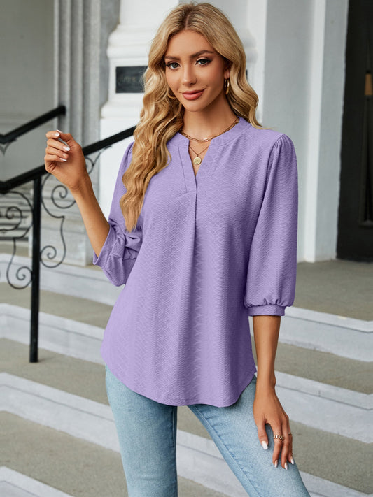 Textured Notched Three-Quarter Sleeve Blouse 