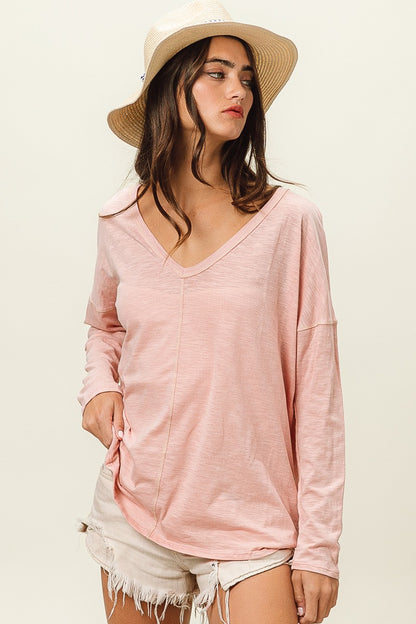 BiBi Exposed Seam V-Neck Long Sleeve T-Shirt 