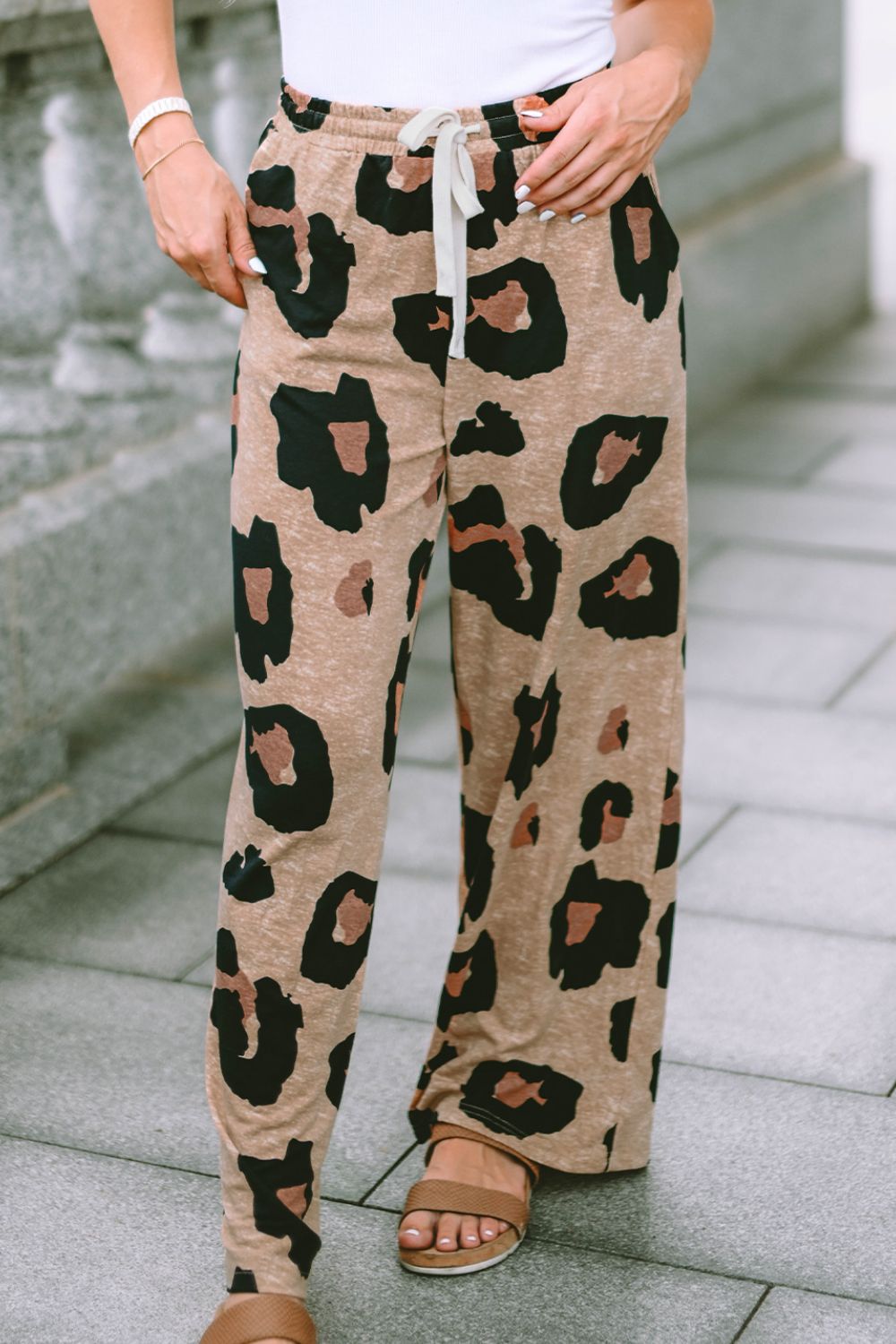 Leopard Drawstring Wide Leg Pants with Pockets 