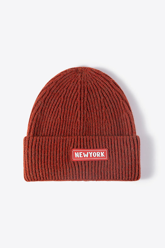 NEWYORK Patch Rib-Knit Cuffed Beanie 