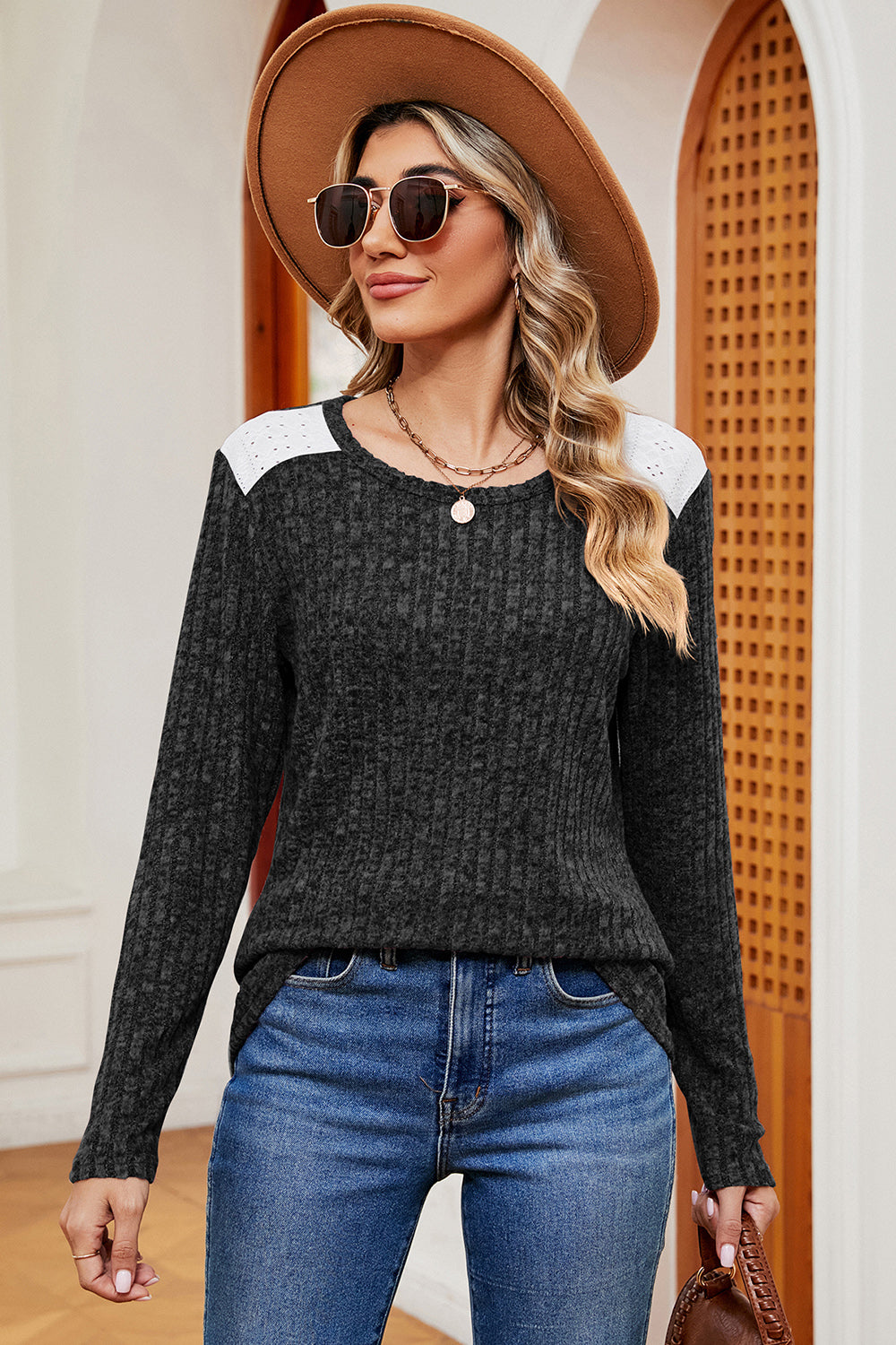 Eyelet Ribbed Round Neck Long Sleeve T-Shirt 