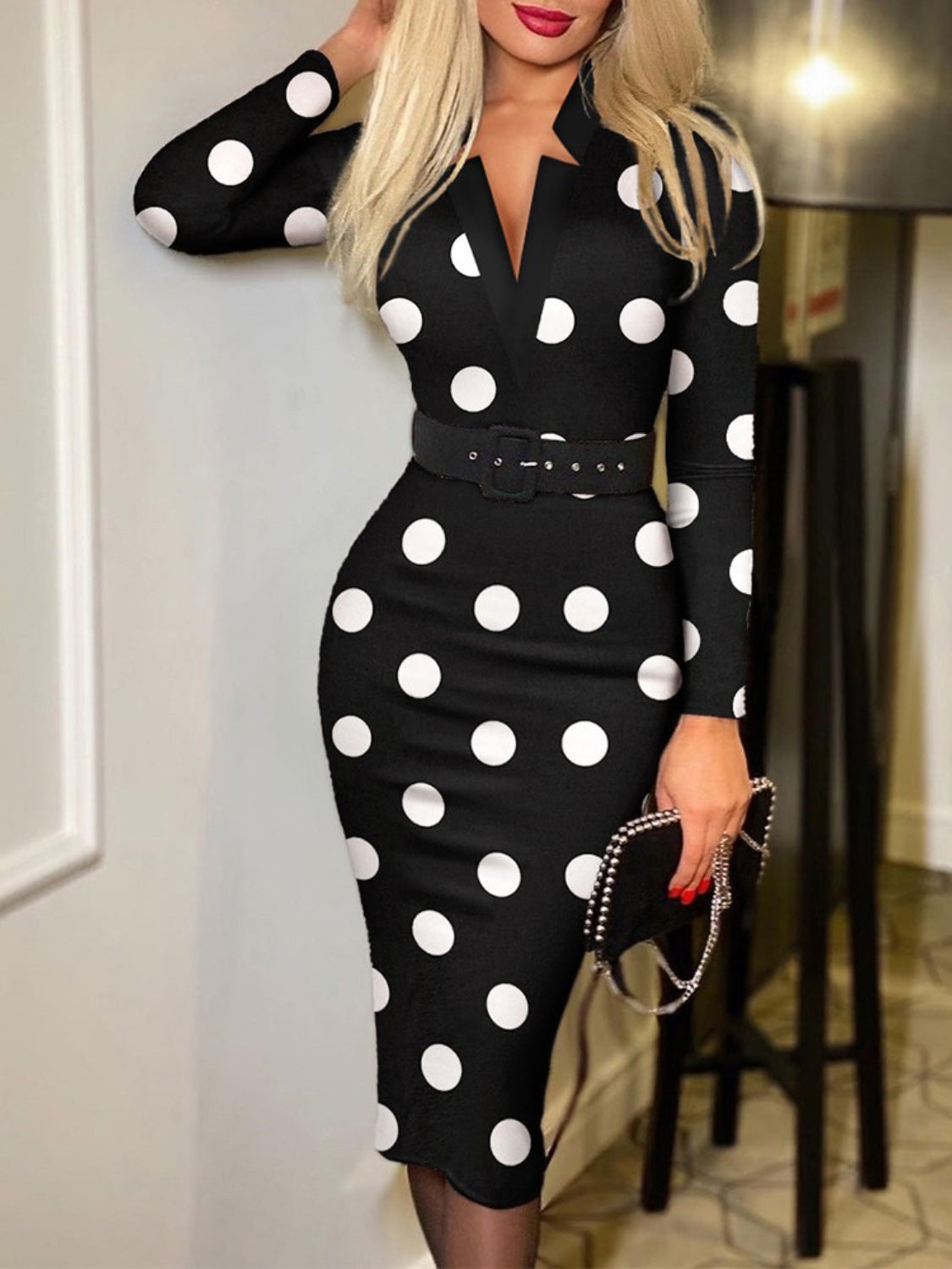 Printed Notched Long Sleeve Wrap Dress 