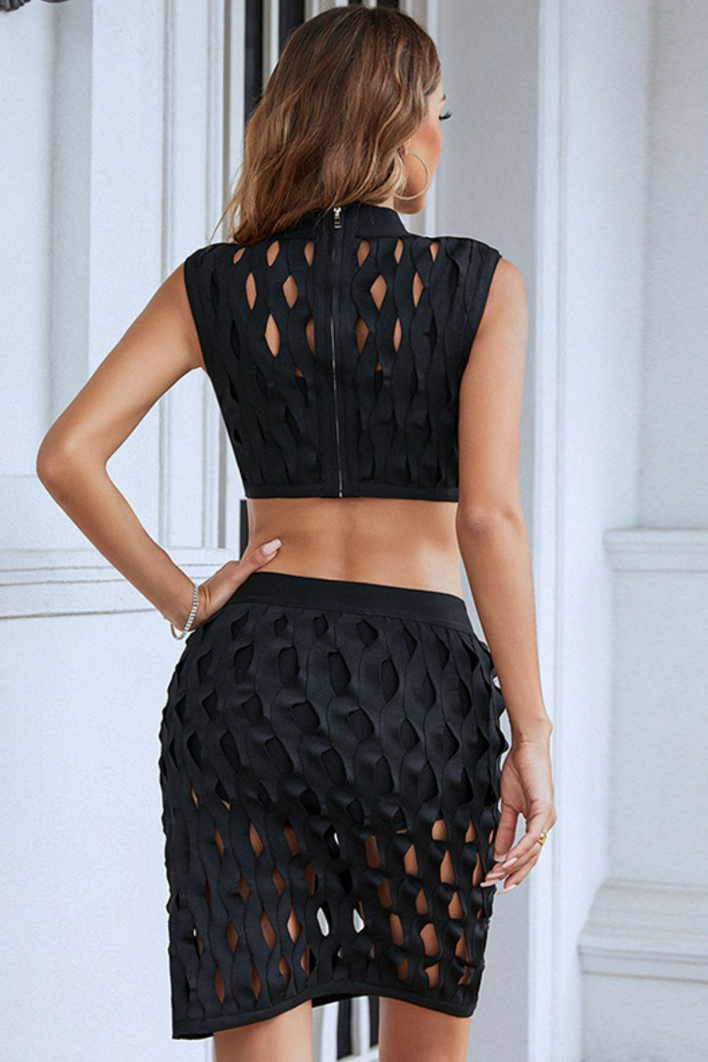 Openwork Cropped Top and Skirt Set 