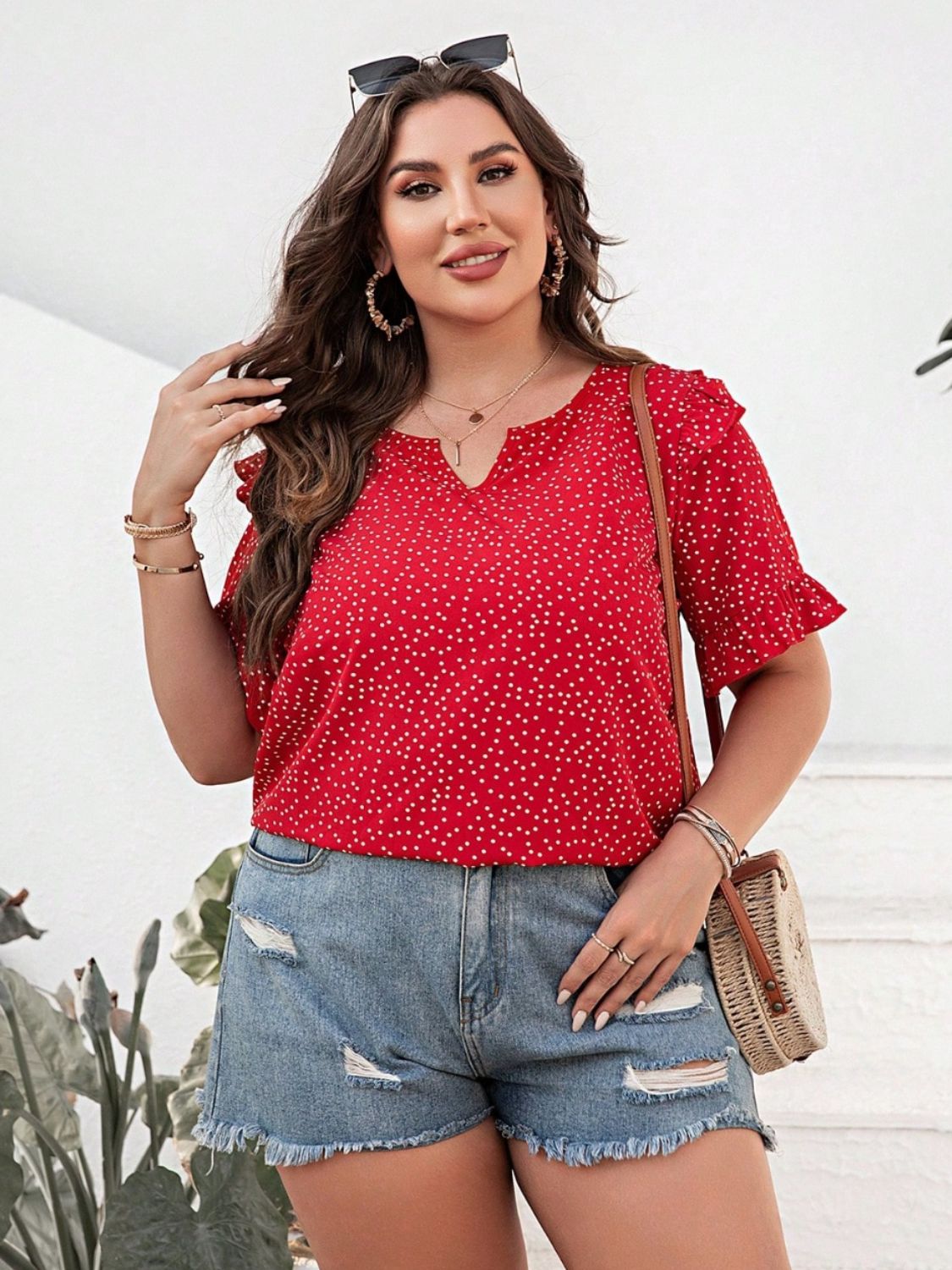 Plus Size Printed Notched Flounce Sleeve Blouse 