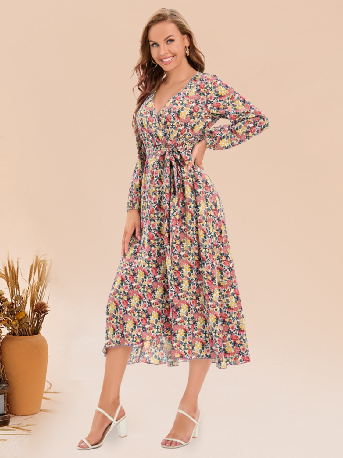 Full Size Printed Surplice Long Sleeve Dress 