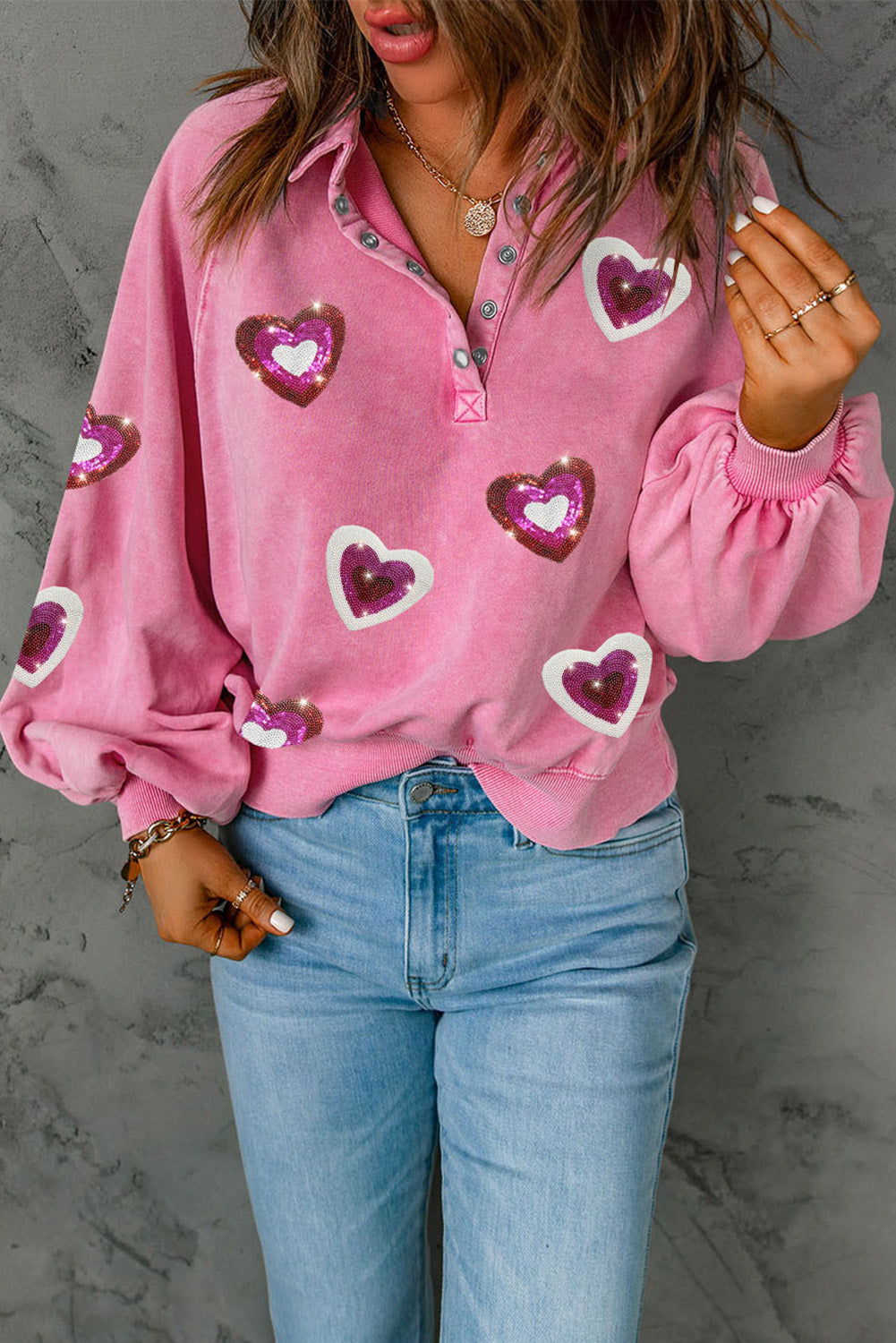 Heart Sequin Half Snap Mineral Wash Sweatshirt - Babbazon sweatshirt