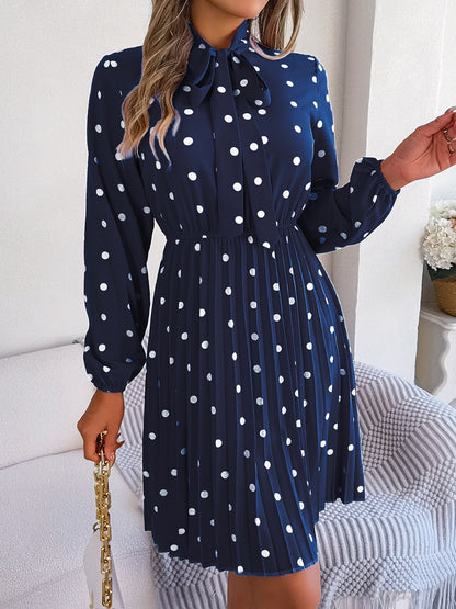 Polka Dot Tie Neck Pleated Dress 