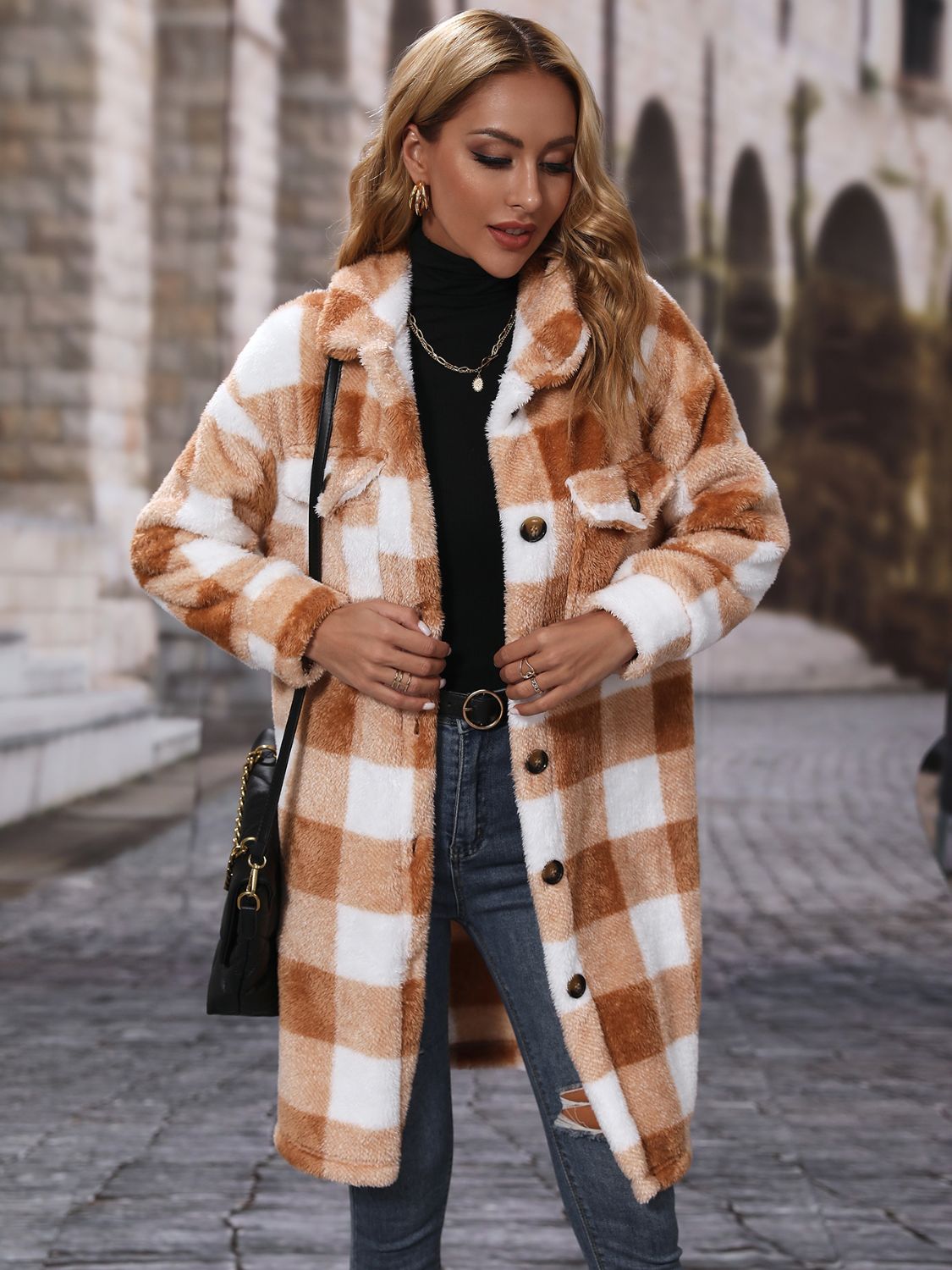 Plaid Collared Neck Button Down Coat 