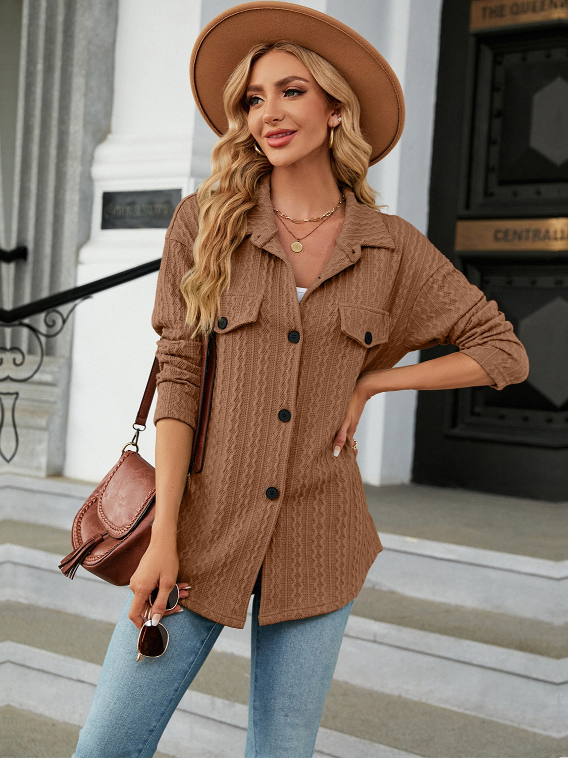 Textured Button Up Dropped Shoulder Shirt