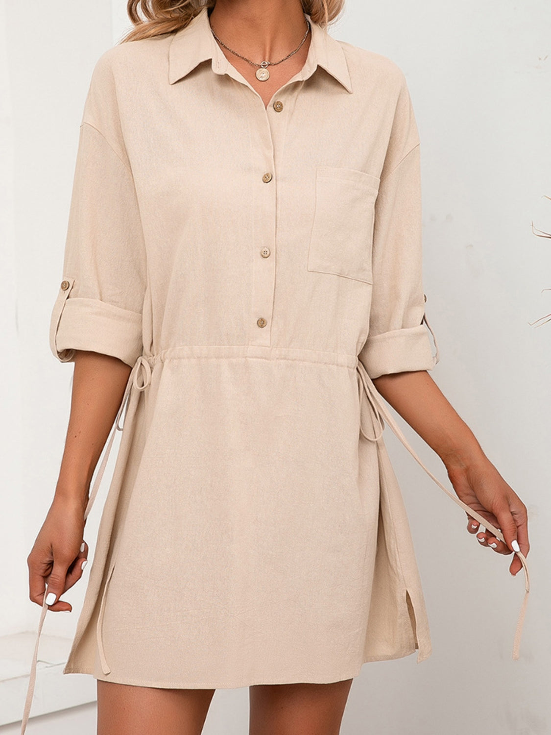 Drawstring Half Button Roll-Tab Sleeve Dress 