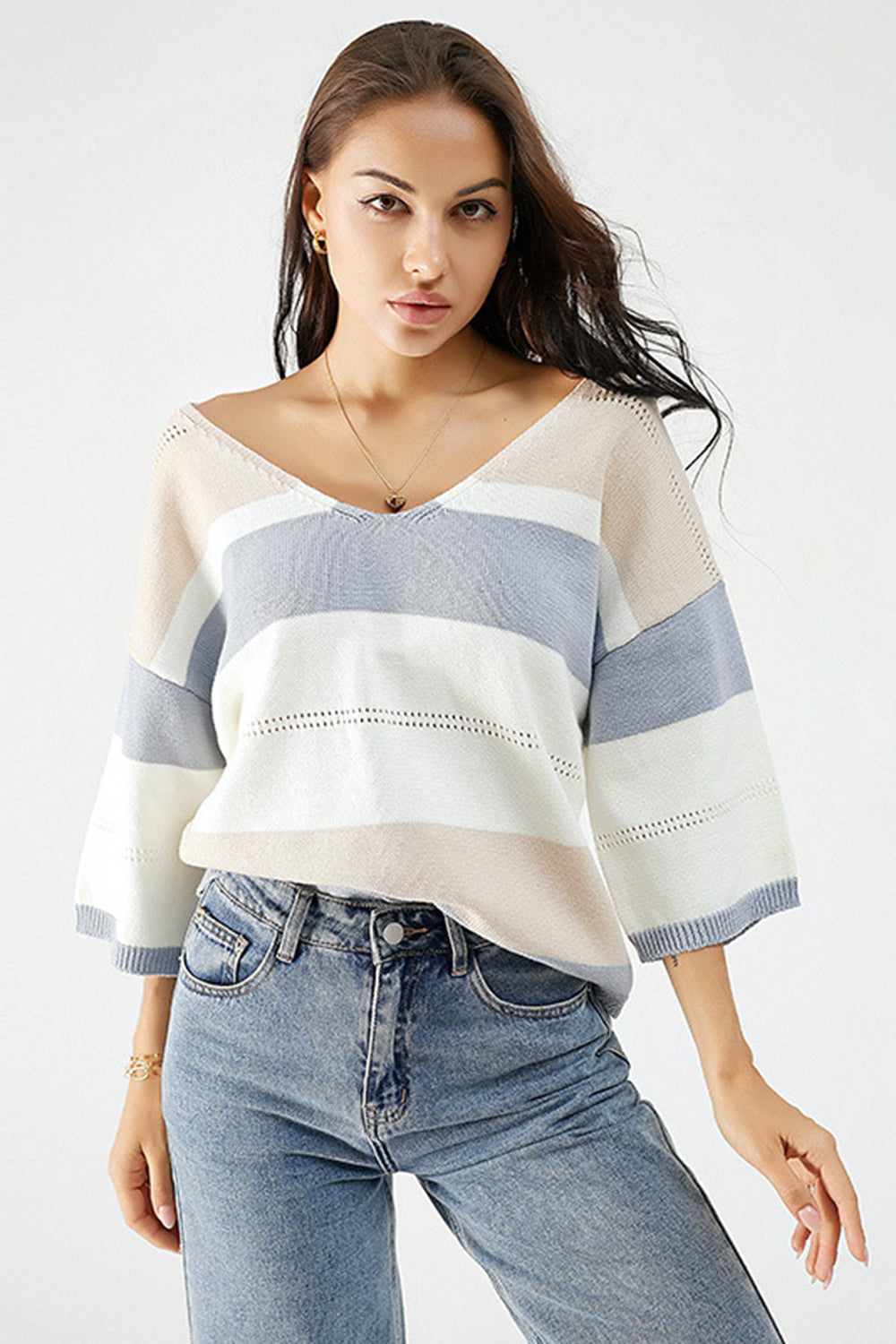 Color Block V-Neck Dropped Shoulder Sweater 