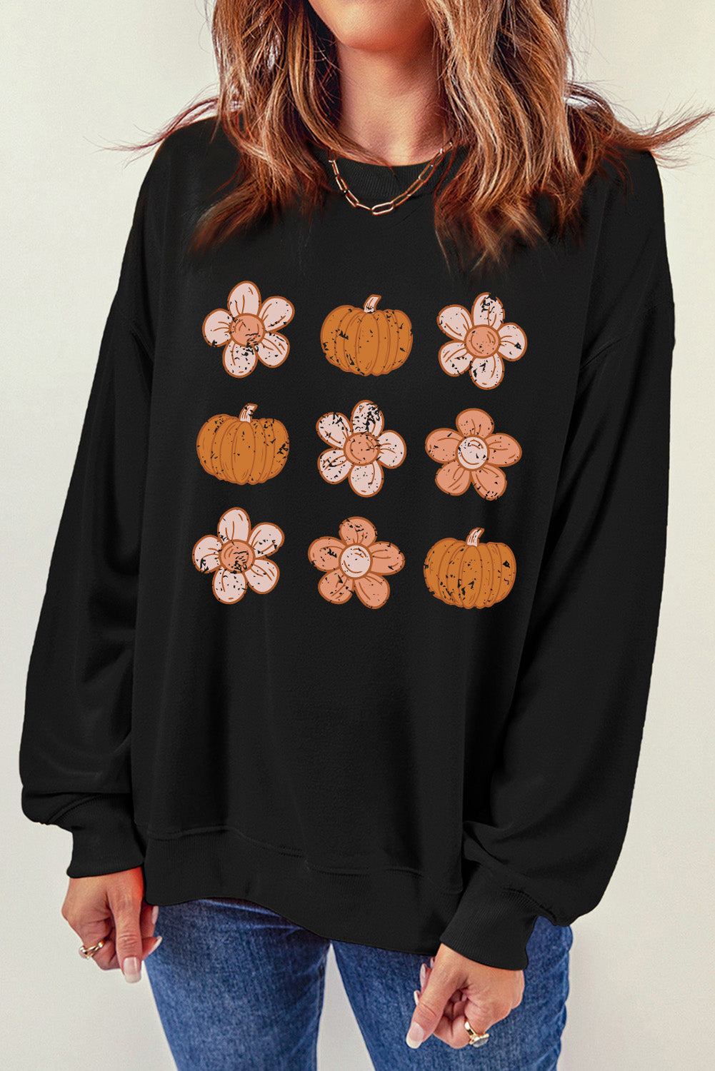 Simply Love Round Neck Long Sleeve Pumpkin & Flower Graphic Sweatshirt 