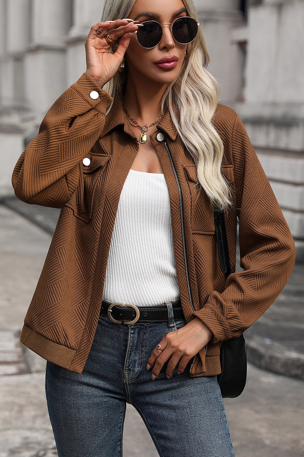 Textured Zip Up Collared Neck Jacket 