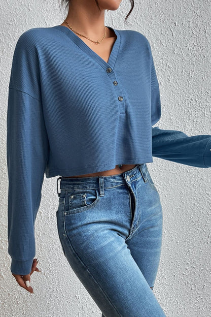 Cropped V-Neck Raglan Sleeve Buttoned Blouse 