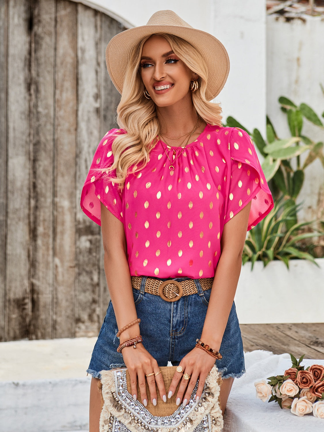 Printed Round Neck Petal Sleeve Blouse - Babbazon Tops