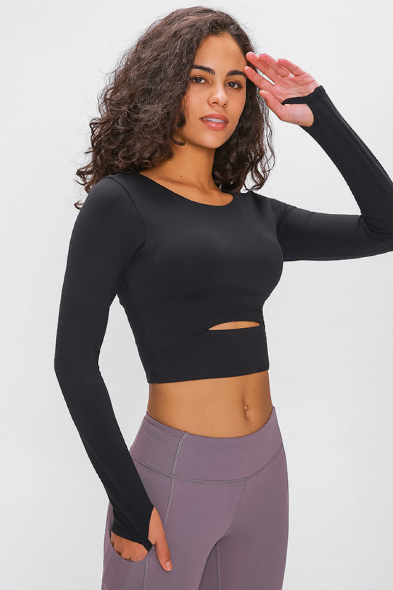 Long Sleeve Cropped Top With Sports Strap - Babbazon Tops