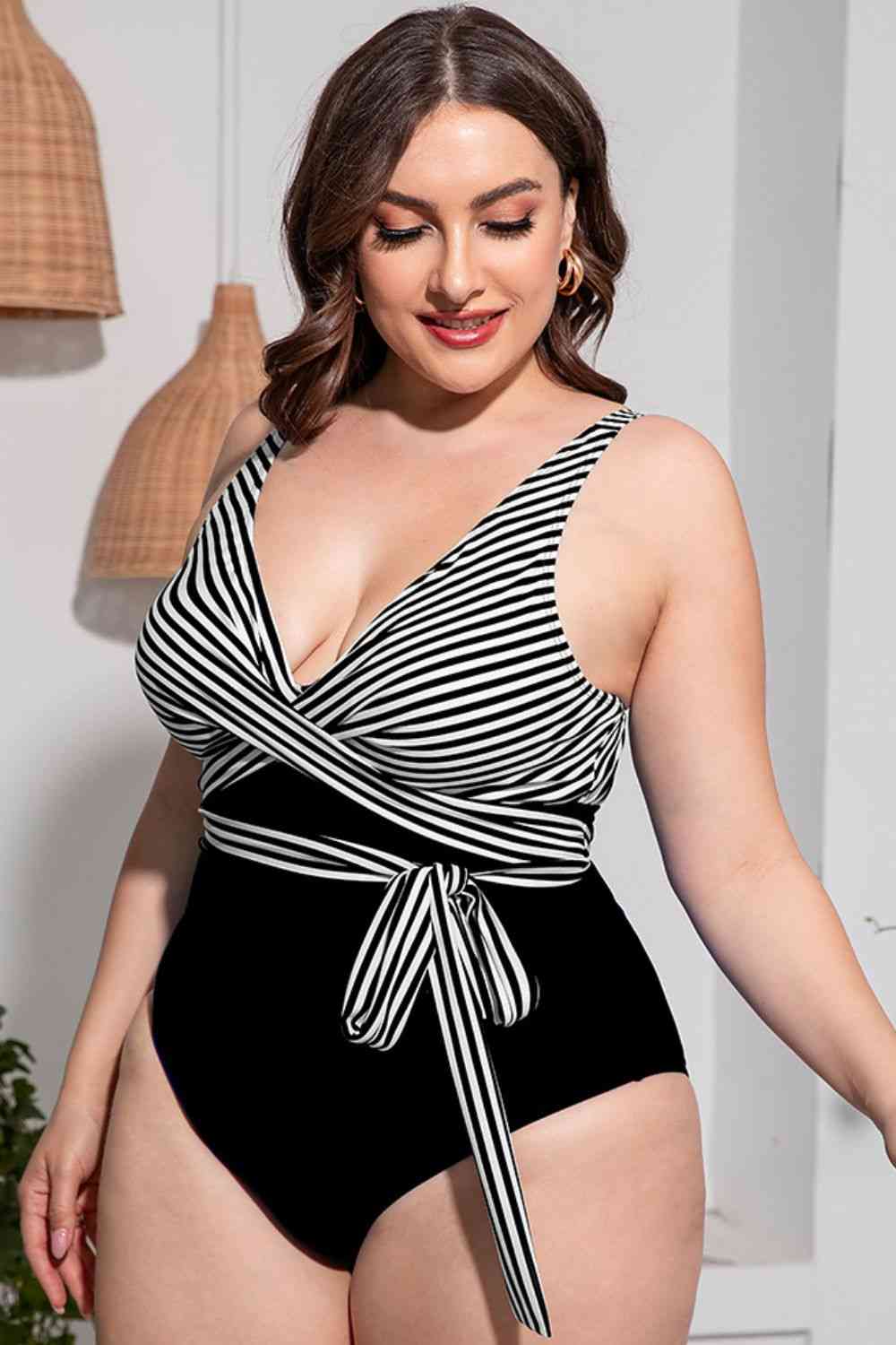 Plus Size Striped Tie-Waist One-Piece Swimsuit - Babbazon Jumper