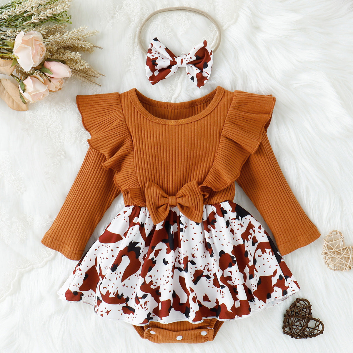 Printed Ruffled Bow Round Neck Bodysuit Dress 