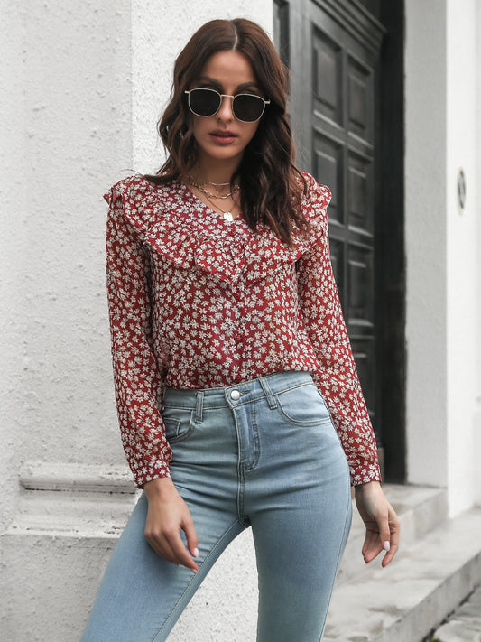 Printed Statement Collar Long Sleeve Blouse 