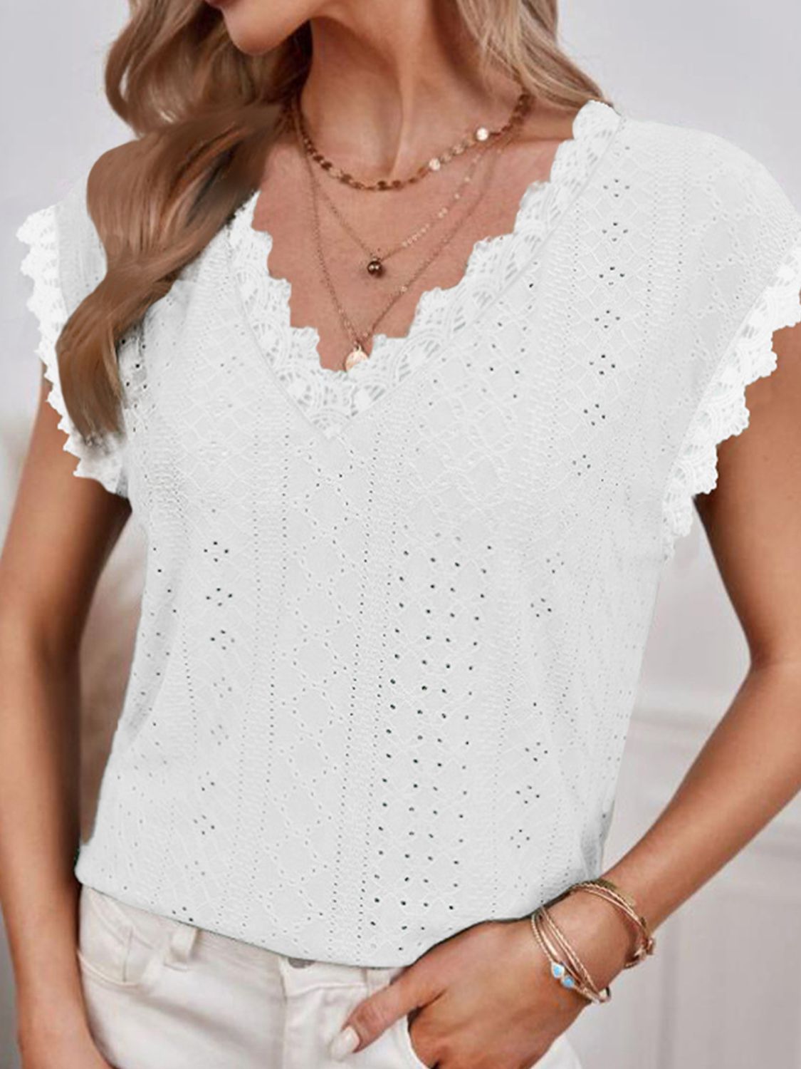 V-Neck Eyelet Short Sleeve Top 