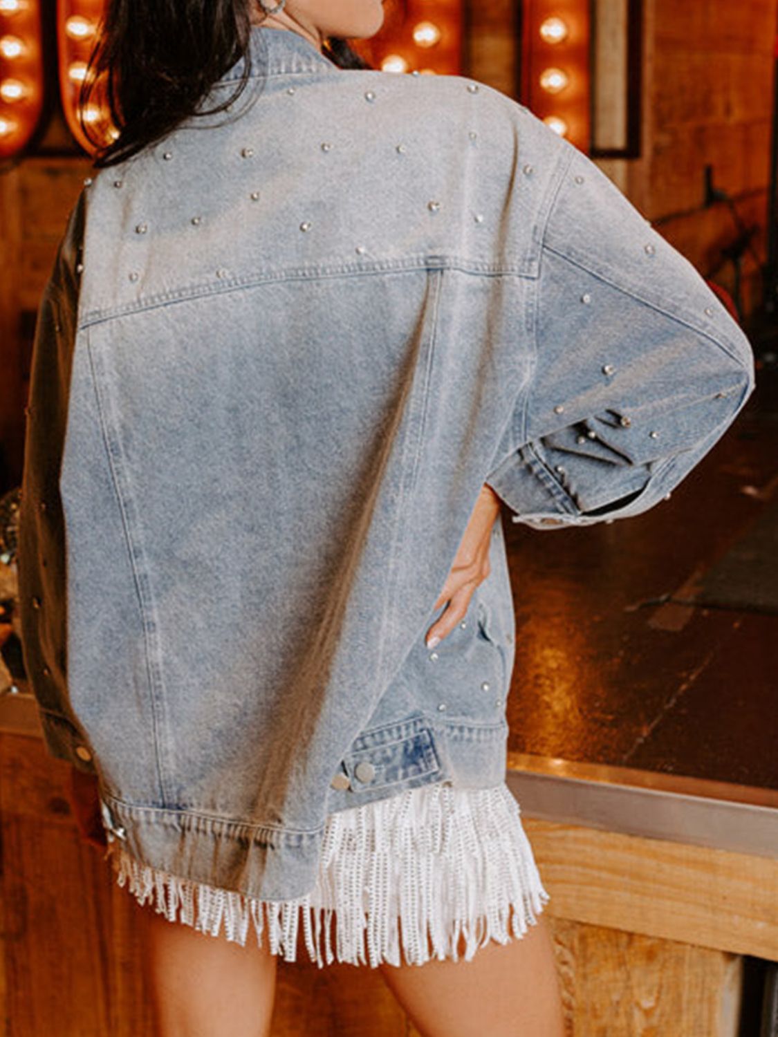 Rhinestone Detail Button Up Denim Jacket 