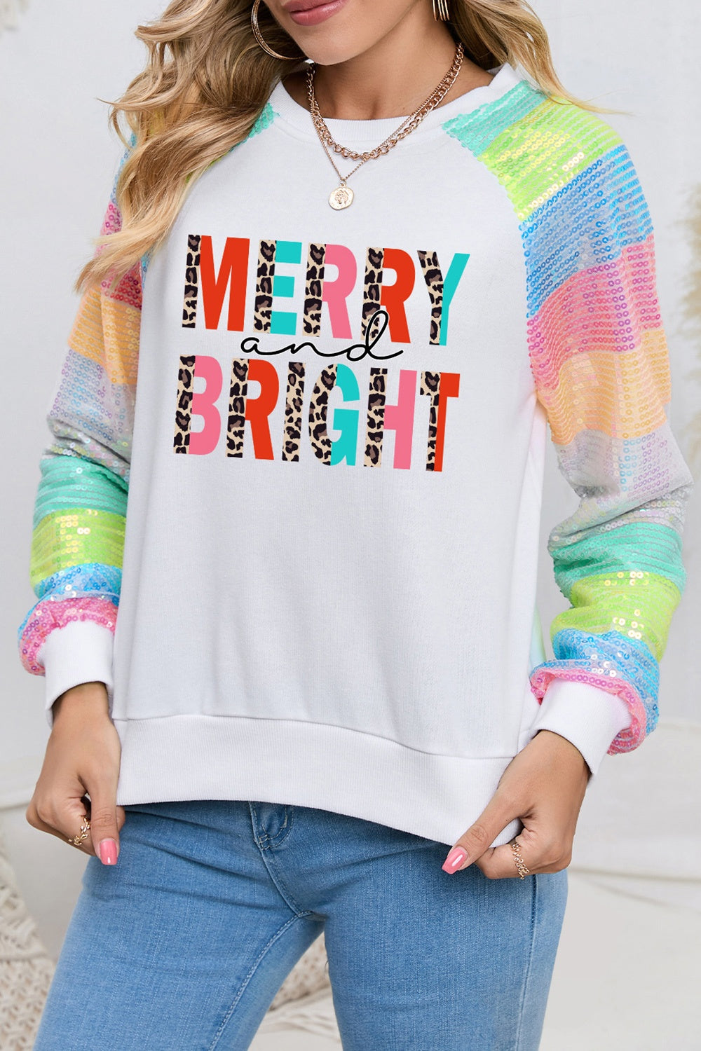 MERRY AND BRIGHT Sequin Long Sleeve Sweatshirt 