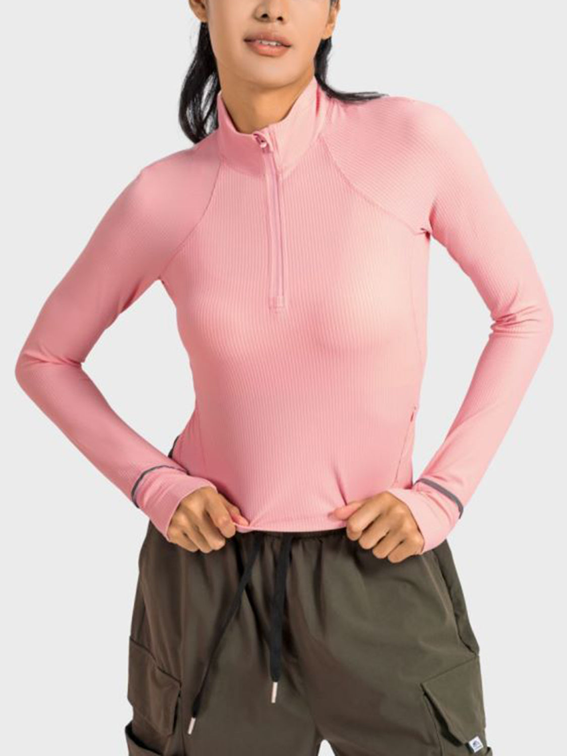 Mock Neck Half Zip Long Sleeve Sport Top - Babbazon Tops