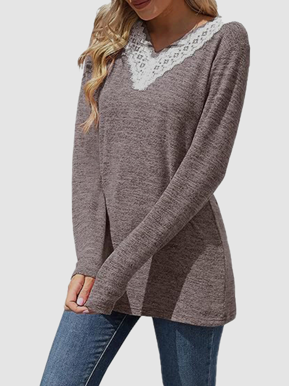 Lace Detail V-Neck Long Sleeve Top 