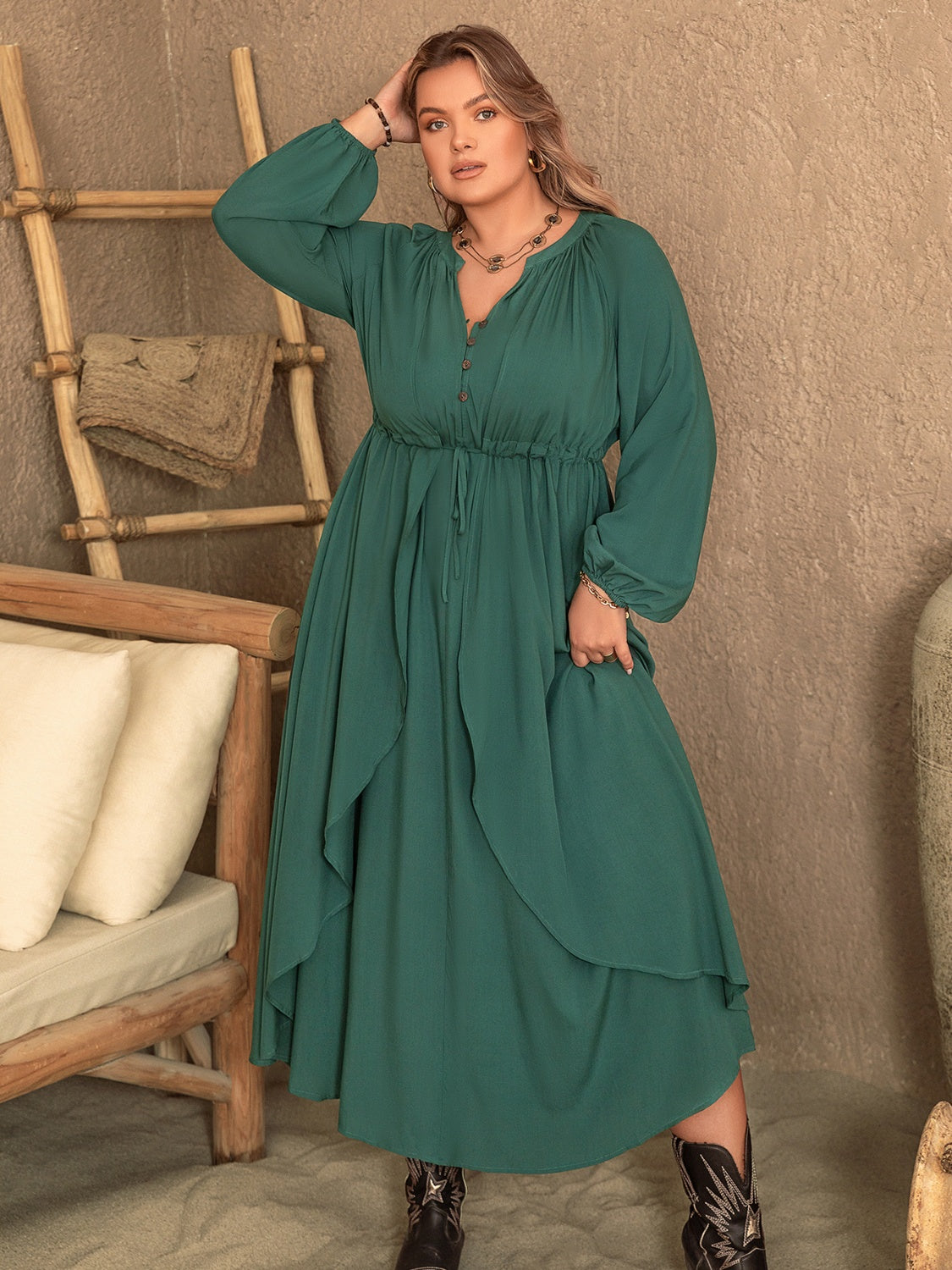 Plus Size Notched Layered Balloon Sleeve Midi Dress 